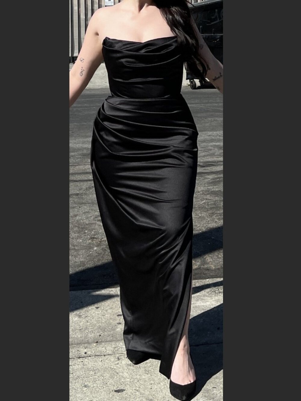 House of CB Black Adrienne Satin Strapless Draped Corset Midi Dress Slit M